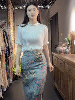 WhiteTime Xiangyun จานหนักหัวเข็มขัด Cheongsam เปิดส้อมกระโปรงกระโปรงเอวสูงปลูกฝังศีลธรรมของคนหนึ่งแสดงบรรจุภัณฑ์แบบบางกระโปรงสะโพกคลุมท้อง Female301T2684เซี่ย