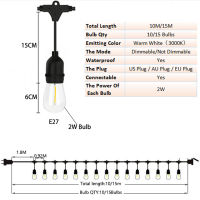 10M15M ไฟ LED String S14 LED R Filament Bulb Globe Outdoor Street Garden Patio Holiday Lighting