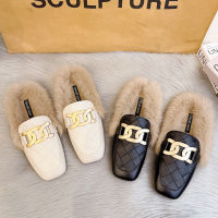 2022 Furry Mules Slippers Women Winter Flats Short Plush Flip Flops Shoes Female Casual Outside Slides Ladies Fur Slippers Shoes