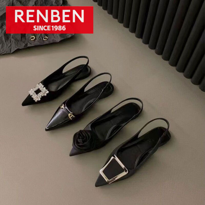 renben-รองเท้าแตะหัวกระเป๋าดำส้นแบนจากฝรั่งเศส-รองเท้าเดี่ยวให้ความรู้สึกรองเท้านางฟ้าประดับพลอยเทียม