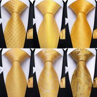 DiBanGu Mens Ties Yellow Paisley Design Silk Wedding Tie For Men Hanky Cufflink Tie Set Fashion Bussiness Party Dropshipping
