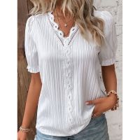 Womens Summer New Top 2023 Solid Sexy V-Neck Hollow Short Sleeve Shirt Fashion Splice Plus Size Loose Street Apparel S-5XL