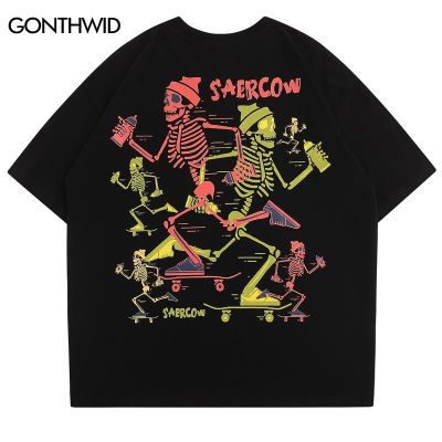 ผู้ชาย Hip Hop เสื้อยืด Streetwear Funny Skull Skeleton แขนสั้น Tshirt Harajuku แฟชั่นสบายๆหลวมผ้าฝ้ายเสื้อ