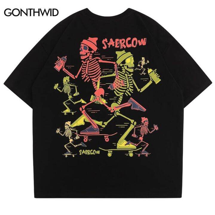 ผู้ชาย-hip-hop-เสื้อยืด-streetwear-funny-skull-skeleton-แขนสั้น-tshirt-harajuku-แฟชั่นสบายๆหลวมผ้าฝ้ายเสื้อ