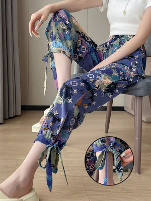 Harun กางเกงสตรีสำหรับฤดูร้อนกางเกงบางหลวมขนาดใหญ่สลิมพิมพ์ลายเอวยางยืดสไตล์เกาหลี