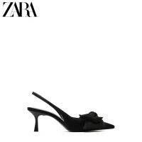 Zara สินค้าใหม่สำหรับฤดูใบไม้ร่วงรองเท้าผู้หญิงโบว์สีดำตกแต่งหรูหรารองเท้าส้นสูงล่อ