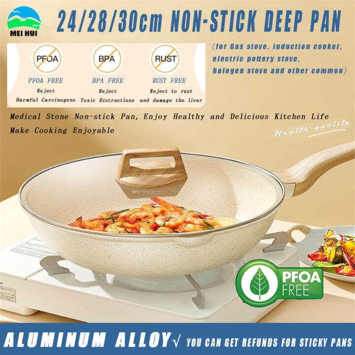 Non Stick Frying Wok 28CM Kawali With Lid Granite Deep Frying Pan Japan