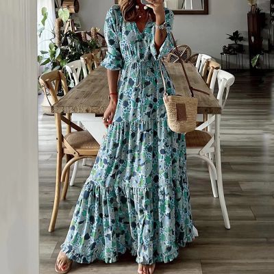 Women Floral Print Long Dress Summer Casual V-Neck Half Sleeve Loose Big Swing Dress Female Vintage Bohemian Beach Maxi Dresses