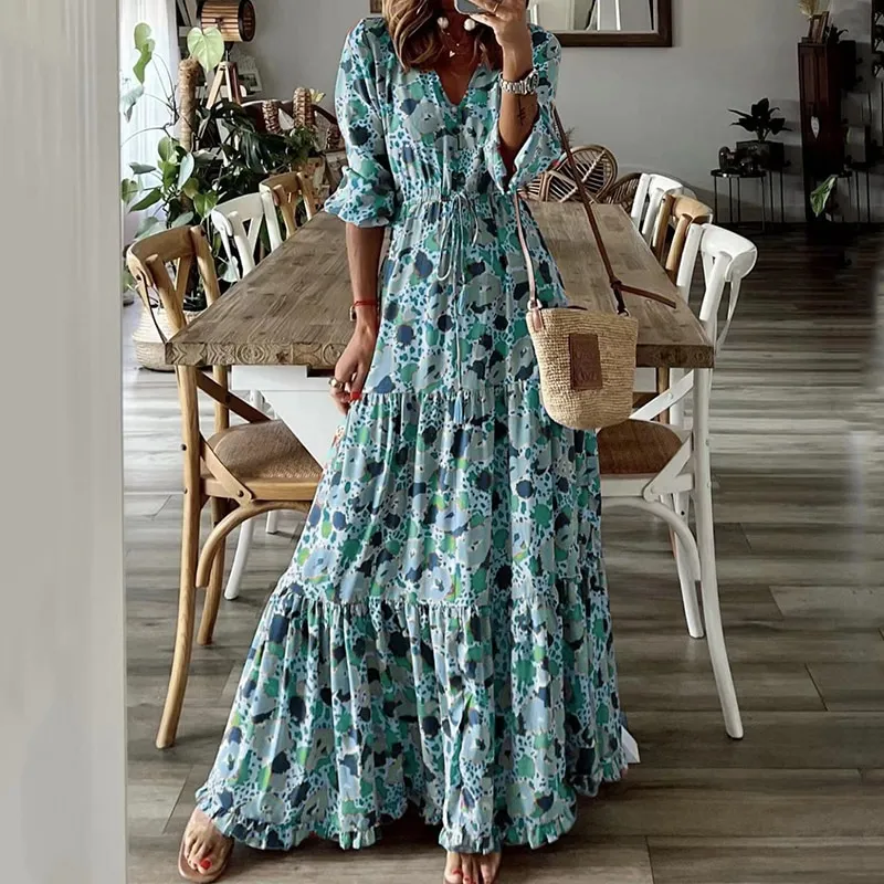 Fashion Print Boho Dress Women Long Dress Casual V Neck Half Sleeve Retro  Print Beach Dresses