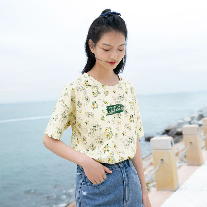 inman-womens-t-shirt-young-cute-casual-style-plant-floral-print-classic-round-collar-cotton-short-sleeve-girl-female-top