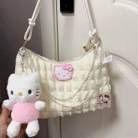 Sanrio Hello Kitty Contrast Color Shoulder Bag Pearl Chain Handbag Fashion Underarm Bag Girl Tote Bag Birthday Christmas Gift