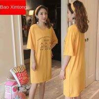 DEIK Nightdress ผู้หญิงฤดูร้อนไซส์ใหญ่หลวมขนาดกลางยาวผู้หญิงท้องอ้วน Mm200หวานตาข่ายสีแดงการ์ตูนนักเรียน Pakaian Rumahan