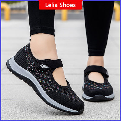 รองเท้าโลฟเฟอร์ผู้หญิงขนาดใหญ่ระบายอากาศ36-41กันลื่นรองเท้าเพื่อสุขภาพตีนตุ๊กแกสำหรับคุณแม่รองเท้าเดินแบบแบนลำลองกลางแจ้งสีดำแดง