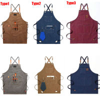 Women Men Canvas Bib Leather Chef Kitchen Apron Barista Bartender Pockets Apron Home Barber Coffee Restaurant Garden Pinafore