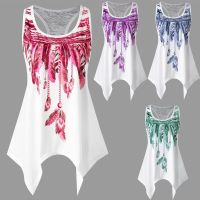 【JH】 Wish AliExpress ebay European and feather print lace t-shirt summer round neck sleeveless top