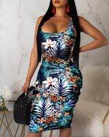 Women s Sleeveless Bandage Tight Dress  Tropical Plants Floral Pattern Clothes