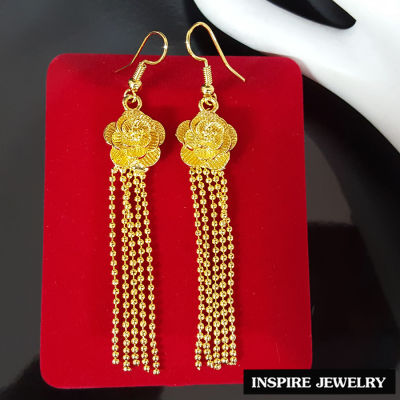 Inspire Jewelry ,ต่างหูทอง รูปดอกไม้ แบบตุ้งติ้ง  งานร้านทอง ปราณีต หุ้มทองแท้ 24K สวยหรู พร้อมกล่องทอง