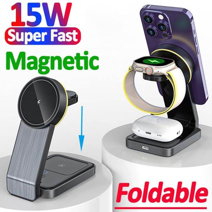 foldable15w-ไร้สายแม่เหล็กขาตั้งสำหรับ14-13-12-pro-max-นาฬิกา-apple-airpods-3-in-1สถานีแท่นชาร์จที่รวดเร็ว