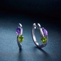 Hutang Womens Clip Earrings Natural Gemstone Amethyst Peridot Solid 925 Sterling Silver Fine Elegant Jewelry for Gift New