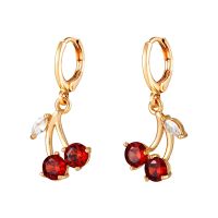 【When the flowers bloom】 Gold Plated Sweety Fruit Red Cherry Earrings Charm Women Girls Dangle Earring 10Mm Small Hoops With Crystal Cherry Pendant Drop