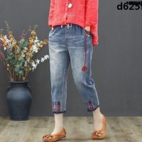 Straight Denim Embroidered Waist Ankle-Length s Fat Loose Plus Size Womens Autumn Flower Tights Wide Sister?Pants High Pants ·