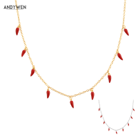 ANDYWEN 925 Sterling Silver  Gold Red Chili Spicy Charm Choker Long Chain Necklace Fine Jewelry Wedding Rock Punk Party