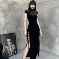 Cke CWwarintage Black Bandage Chinese Style Cheongsam High Split Velvet Dress Spring 2022 R Long Qipao Gothic Women Aesthetic Dress