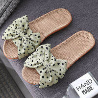 Summer Bowknot Linen Slippers Women Japanese Cute Wave Point Home Indoor Shoes Non-Slip Womens Linen Slippers