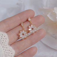 Yuki S ต่างหูทองคำแท้14K สำหรับผู้หญิง,ต่างหู Earring ลายดอกไม้สไตล์เกาหลีประดับเพชรรัสเซียเกรด AAA ต่างหูเม็ดเดี่ยวลูกไม้แบบโปร่งของขวัญแต่งงาน