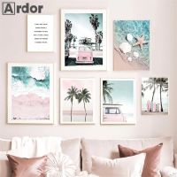 2023✻℗✇ Palm Tree Car Surfboard Wall Poster Sea Beach Pink Canvas Painting Starfish Shell Art Prints Nordic Wall Pictures Bedroom Decor