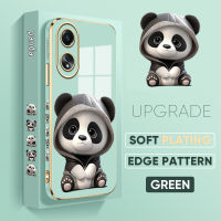 เคส PMP Hp A58 OPPO 4G ฟรีสายคล้อง + หมีแพนด้าน่ารักการ์ตูนลายขอบสี่เหลี่ยมปลอกชุบเคสโทรศัพท์ชุบหรูหราเคสโทรศัพท์นิ่ม