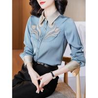 Embroidered chiffon shirt women 2021 spring and autumn new imitation silk light blue slim-fit satin shirt top casual