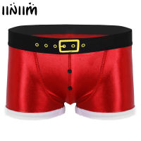 Usuk STOCK Red Men Novelty Santa Claus Tight er Shorts Faux Leather Printed Belt Pattern Christmas Cosplay Costume Underwear