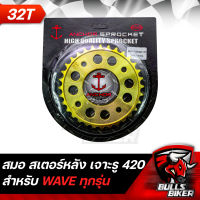 สเตอร์หลัง เจาะรู,สีทอง ยี่ห้อ สมอ (420) สำหรับ WAVE110i WAVE125R,S,Iบังลม,MSX,DEMON125 เวฟ125,เวฟ110i 32T