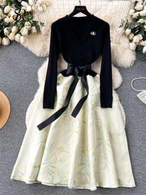 ○ↂ▽ SINGREINY Senior Chic Women Dress Knit V Neck Bandage Bow Slim Pullover France Elegant Winter Thick Jacquard A Line Party Dress