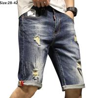 Ripped Denim Shorts Summer Distressed Men Half Trousers Young Boys Slim Fit Stretched Jeans Plus Size 42 40 38 Scratched Pants