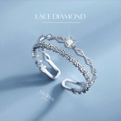 ESCOBAL✨พร้อมส่ง แหวนเงินแท้ Lace Diamond ฝังเพชร Moissanite แท้100% แหวนเพชรแถว แหวนผู้หญิง แหวนปรับขนาดได้ แหวนพลอย