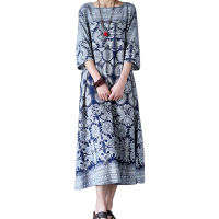 Casual Floral Printed Loose 3/4 Sleeve Round Neck Gift Vintage Breathable Linen Lightweight Maxi Autumn Spring Ethnic Style Women Dress