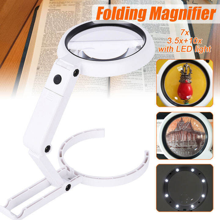 7x/3.5x+10x Hand Held Folding Magnifying Glass Lens Magnifier Light ...