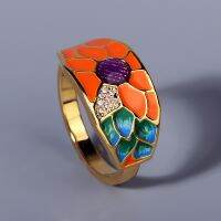 【YF】﹊  Exquisite handmade epoxy ladies golden ring sunflower orange zircon party 925 silver