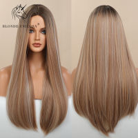 Blonde Unicorn Synthetic Long Straight Brown Blonde Wig with Highlight Cosplay Daily Hair Wigs for Women Heat Resistant Fiber