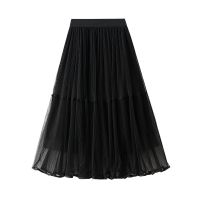 Solid color mesh skirt, womens high waisted mid length skirt