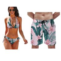 【LZ】☋  Homens e Mulheres Padrão Personalizado Cor Praia Conjunto de Roupa de Banho Biquíni Calções Praia Surpresa Festa