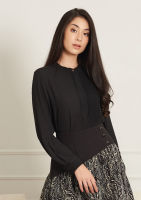 Lady Plus เสื้อชีฟองแขนยาวแทรกลูกไม้ตีเกล็ด | Long Sleeve Chiffon Blouse with With Frilled Detail เสื้อทำงานแขนยาว สีดำ