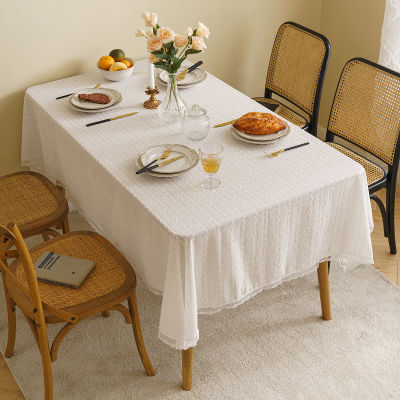 ผ้าปูโต๊ะปักสีทึบสไตล์อเมริกันผ้าปูโต๊ะตกแต่งด้วยผ้าฝ้ายสีขาวและผ้าลินินผ้าปูโต๊ะน้ำชาขนาด90*90ซม. ผ้าคลุมลูกไม้ทรงสี่เหลี่ยมผ้าปูโต๊ะพื้นหลัง140*260ซม. ผ้าปูโต๊ะที่นั่งแบบ4/6/8คน