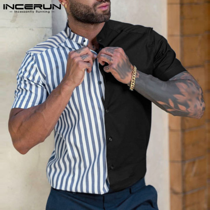 INCERUN Mens Striped Shirt Short Sleeve Patchwork Beachwear T