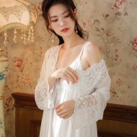 Ao Dai แขนยาว Sleepwear ผู้หญิงลูกไม้ Sleepwear หน้าอกเบาะฤดูใบไม้ผลิศาลลมชุดนอนตาข่ายเซ็กซี่นอกเสื้อผ้าบ้านตั้งฤดูใบไม้ร่วงฤดูหนาว ใหม่