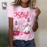 2023แขนสั้นใหม่ฤดูร้อนของผู้หญิงใหม่ H Ello K Itty พิมพ์ด้านบนลำลองเสื้อยืดทุกวันถนนรอบคอเสื้อสวมหัวแฟชั่น