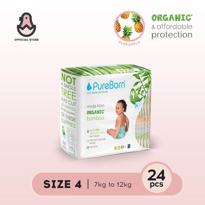 PureBorn Bamboo Diapers (Tape) Size 4 Large (7 12kg)/ Pineapple