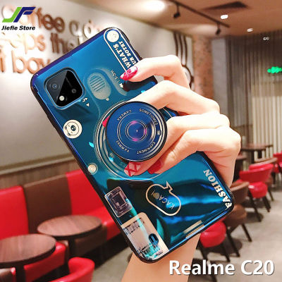 JieFie สำหรับ Realme C20 Blue Ray 3D กล้องเคสโทรศัพท์หรูหราซิลิโคนรูปสี่เหลี่ยมโทรศัพท์มือถือเคสโทรศัพท์ + วงเล็บ